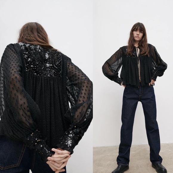 Zara Plumentis Bolero Sequin Dot Mesh Tasseled Black Party Jacket 5107/070 Sz XS - Picture 1 of 14